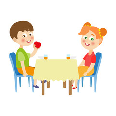 vector flat cartoon children at summer camp concept. Girl and boy kids sitting at big table eating vegetables, fruits and porridge holding forks spoons. Isolated illustration on a white background.