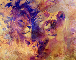 Lion family - lion, lioness and lion cub, on abstract structured background.