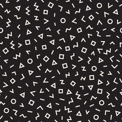 Scattered Geometric Line Shapes. Abstract Background Design. Vector Seamless Black and White Pattern.