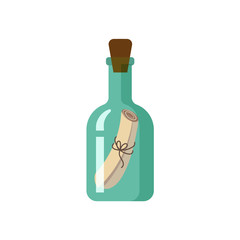 Message, letter, scroll in transparent green glass bottle, flat style cartoon vector illustration isolated on white background. Flat cartoon vector illustration of message in bottle