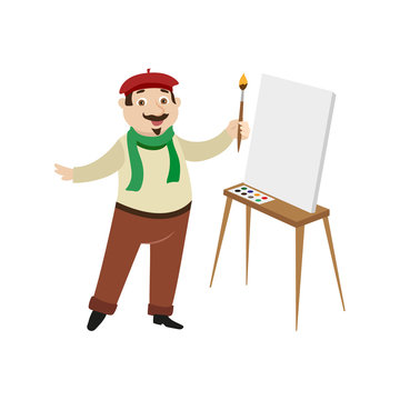 vector flat cartoon man artist painter wearing beret, scarf mustache drawing on easel canvas. French parisian style male portrait full length. Isolated illustration ona white background