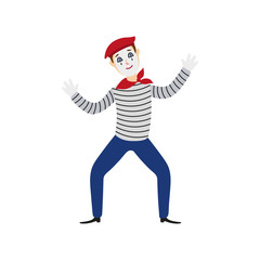 vector flat cartoon man clown in black and white striped pullover, red bowtie beret in pose. Artist, mime creative people from france concept. Isolated illustration on a white background.
