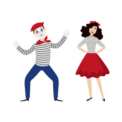 French characters, funny mime and fashion girl, symbols of France, cartoon vector illustration isolated on white background. Typical, stereotypical French people, mime and elegant girl in red beret