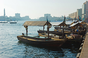 Traditional Abra ferries at the creek in Dubai, United Arab Emirates