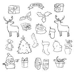 Christmas vector set. Vector illustration. Sketch with christmas tree, bell, presents, deer, mittens.