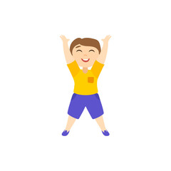 Fototapeta na wymiar Vector flat cartoon boy character pulling his hands up to the sun isolated illustration on a white background. Smiling cheerful child, kid icon image.