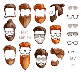 Hipster set. Beards, glasses, bow ties and hats.