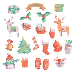 Christmas vector set. Vector illustration. Sketch with christmas tree, bell, presents, deer, mittens.