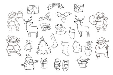 Christmas vector set. Vector illustration. Sketch with Santa Claus  christmas tree, bell, presents, deer, mittens.