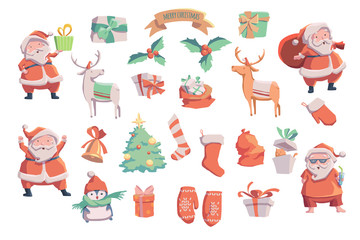 Christmas vector set. Vector illustration. Sketch with Santa Claus  christmas tree, bell, presents, deer, mittens.