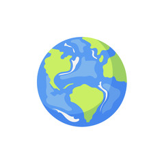 Vector cartoon flat globe illustration isolated on a white background. Flat earth planet with continents, oceans and clouds. Web icon design object . Save the planet concept