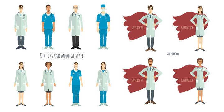 Doctors and medical staff. Professionals in flat style. Set of characters.