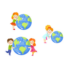Vector children saving earth planet concept set. Flat cartoon happy girl, boy hugging earth globe planet, young doctor holding stethoscope examining lungs. Isolated illustration on a white background.