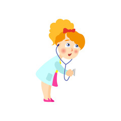 Little girl in white medical gown playing doctor with stethoscope, cartoon vector illustration isolated on white background. Cartoon little girl in white gown playing doctor, using stethoscope