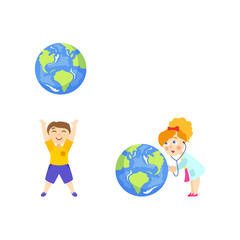 Boy throwing big globe up, girl in doctor coat listening to Earth planet heart, cartoon vector illustration isolated on white background. Girl in white coat treating Earth, boy throwing it like a ball