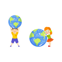 Kid, boy holding Globe, Earth planet symbol over head, girl hugging it lovingly, cartoon vector illustration isolated on white background. Boy, kids and big globe, Save the Earth concept