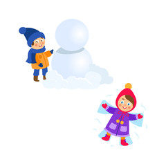 Naklejka premium vector boy making big snowball, girl lying in snow making snow angel set. Flat cartoon illustration isolated on a white background. Winter children activity concept