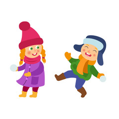 vector boy and girl having fun with snow outdoors. Flat cartoon isolated illustration on a white background. Kid plays with snowball smiling. Winter children activity concept