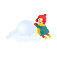 vector girl having fun with snow outdoors. Flat cartoon isolated illustration on a white background. Kid makes big snowball smiling. Winter children activity concept