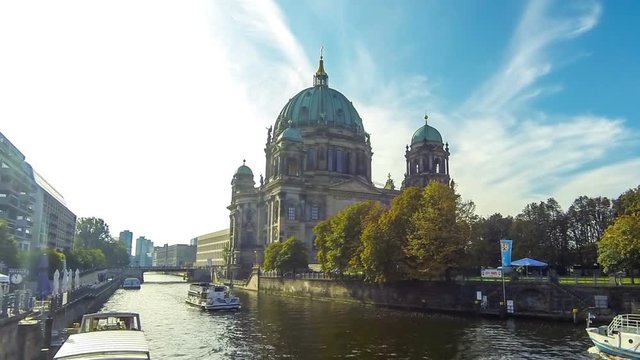 Morning view of Berlin Cathedral (Berliner Dom) and Spree River in Berlin city, Germany. Time Lapse