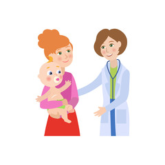 vector flat cartoon female doctor with stethoscope giving newborn infant kid to his mother. Woman pediatrician in medical clothing and baby. Isolated illustration on a white background.