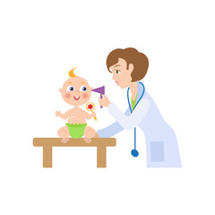 vector flat cartoon female doctor with stethoscope examining newborn infant kid ears. Woman pediatrician in medical clothing and baby. Isolated illustration on a white background.