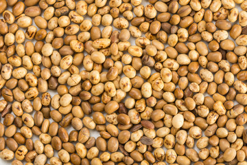 Closeup macro flat lay above soya beans background