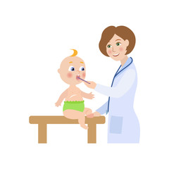 vector flat cartoon female doctor with stethoscope examining newborn infant kid temperature by thermometer. Woman pediatrician in medical clothing and baby. Isolated illustration on a white background