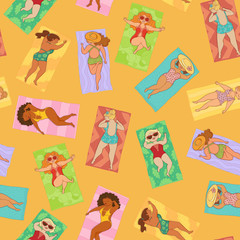vector flat cartoon style plump women in colored swimsuit lying on beach mat seamless pattern. Female cute character sunbathing at summer. Isolated illustration on a white background.