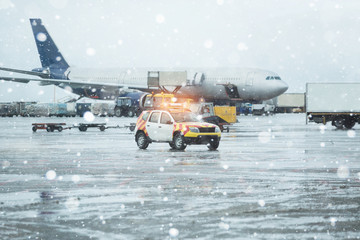 Airport under snowfall.