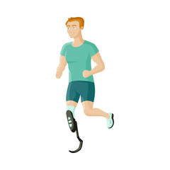 Young man with prosthesis, sportsman running on artificial leg, flat cartoon vector illustration isolated on white background. Flat cartoon man, sportsman with prosthetic leg, overcoming disability