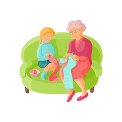 Grandmother teaching her granddaughter to knit, flat cartoon vector illustration isolated on white background. Old lady, grandparent, grandmother knitting scarves with granddaughter