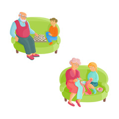 Grandmother teaching granddaughter to knit, grandfather playing chess with grandson, flat cartoon vector illustration isolated on white background. Grandparents spending time with grandchildren
