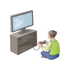 vector flat cartoon TV panel, floor stand with plasma monitor teen boy playing on game console by joystick. Isolated illustration on a white background. modern digital visual technology concept