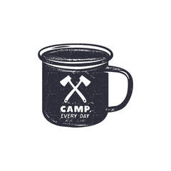 Hand drawn camping mug shape label with motivational quote - Camp every day. Outdoor activity badge. Wilderness print. Stock vintage illustration.