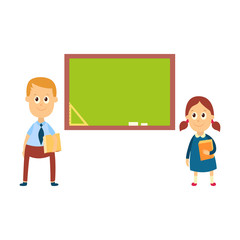 School girl and boy answering a lesson standing at blackboard in classroom, cartoon vector illustration isolated on white background. Girl, boy answering at lesson, back to school, learning concept