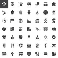 Circus vector icons set, modern solid symbol collection, filled pictogram pack. Signs, logo illustration. Set includes icons as magician, strongman, clown, magic trick, mask, unicycle, carousel