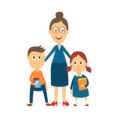 vector flat cartoon adult woman teacher in glasses hugging boy and girl kids pupils holding books, notebooks. Isolated illustration on a white background.