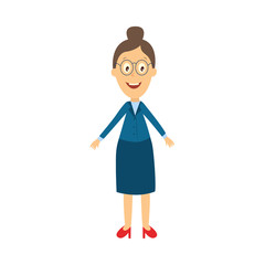 vector flat cartoon adult female woman teacher character in glasses standing cheerfully waiting for pupils. Isolated illustration on a white background.