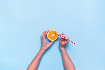 Fresh Juice Fruit Orange Color Blue Flat Lay
