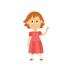 vector flat cartoon style female character - cute cheerful brunette girl pupil, schoolkid standing smiling in pink dress. Isolated illustration on a white background.