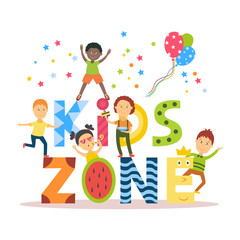 Banner, poster with Kid Zone text and children signing, dancing, having fun, flat cartoon vector illustration isolated on white background. Flat cartoon style Kid Zone banner, poster, invitation