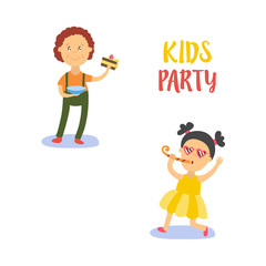 vector flat cartoon boy kid holding plate with tasty delicious piece of cake smiling happily, girl in funny glasses whistling . isolated illustration on a white background. Kids patty concept