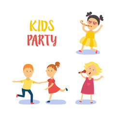 vector flat cartoon kids at party set. Boy dancing happily with girl, another girl in pink dress singing at microphone, kid in yellow dress whistling . Isolated illustration on a white background.