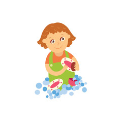 vector flat cartoon girl kid washing dishes standing in apron smiling. Isolated illustration on a white background. Daily routine concept