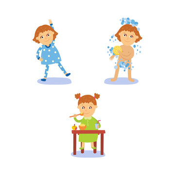 vector flat girl kid doing everyday routine activity set. Child washing, making physical exercises, and eating . Isolated illustration on a white background.