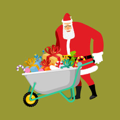Santa Claus Wheelbarrow and gifts. Xmas grounds trolley. Christmas and new year. Vector illustration