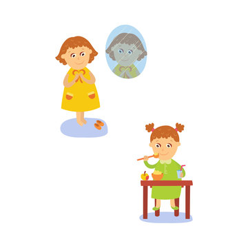 vector flat girl kid doing everyday routine activity set. Child eating porridge ant apple at table, dressing near window. Isolated illustration on a white background.