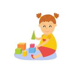 Little girl playing with wooden blocks, cubes and pyramids, sitting on the floor, flay comic style cartoon vector illustration isolated on white background. Cartoon little girl playing with toy blocks