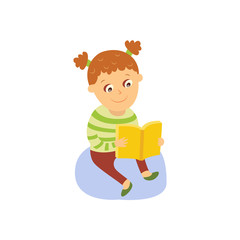 Little girl reading a book, sitting on the floor, flat, comic style cartoon vector illustration isolated on white background. Cartoon little girl sitting on the floor with thick book, reading